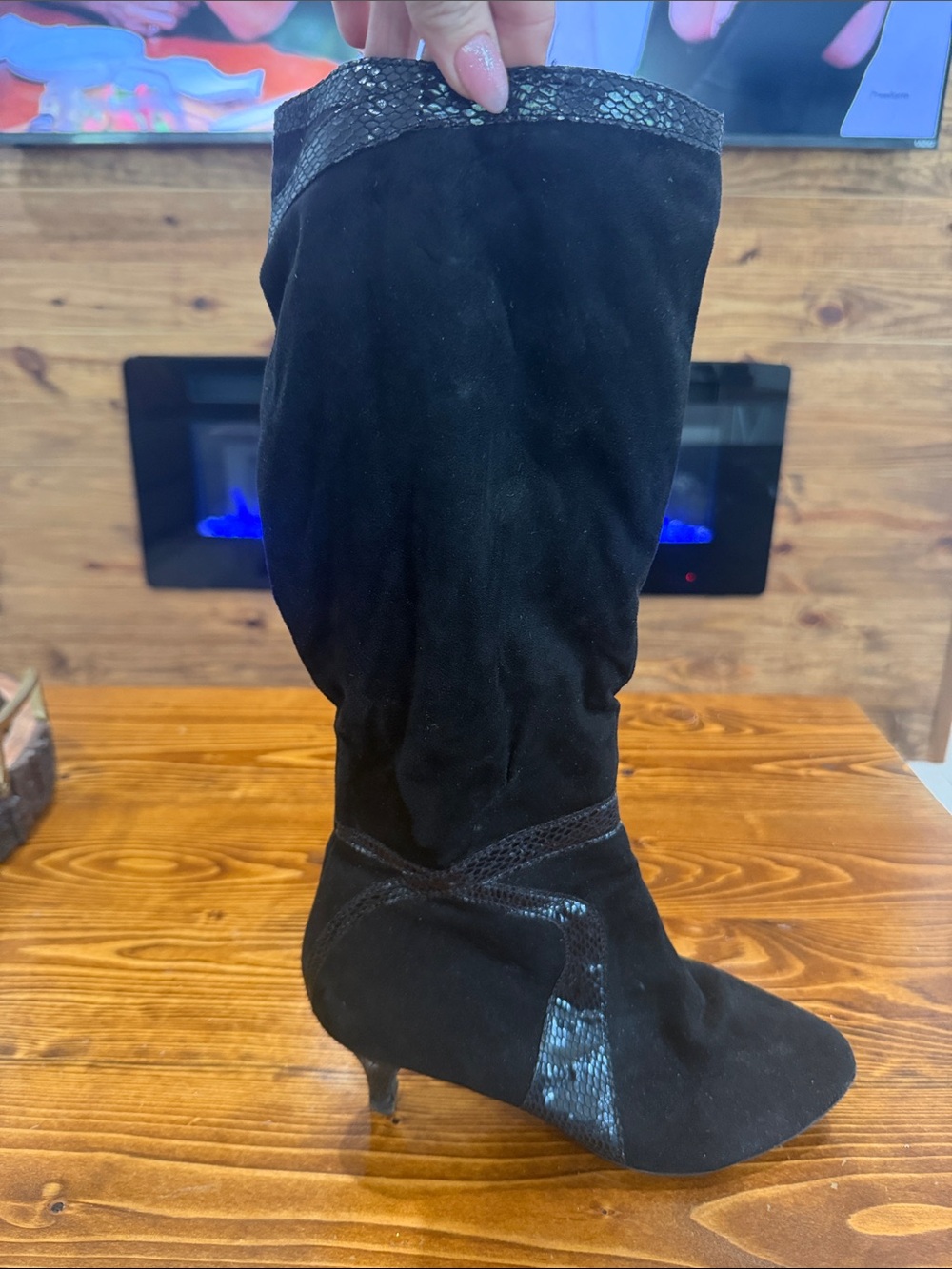 Women's Black Suede Knee-High Heeled Boots with Textured Trim